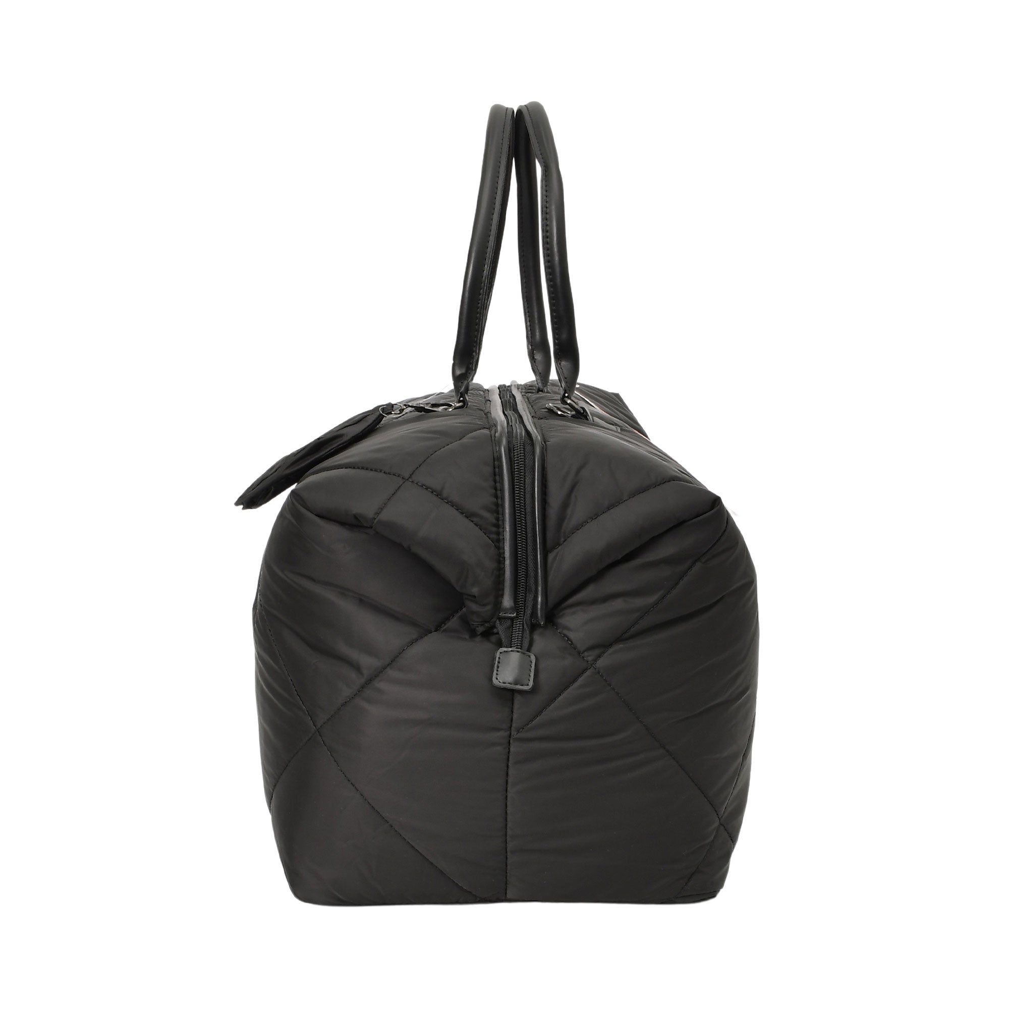 Large black puffed duffel bag with diamond quilting, two black top handles, a top zipper, and a small side strap.