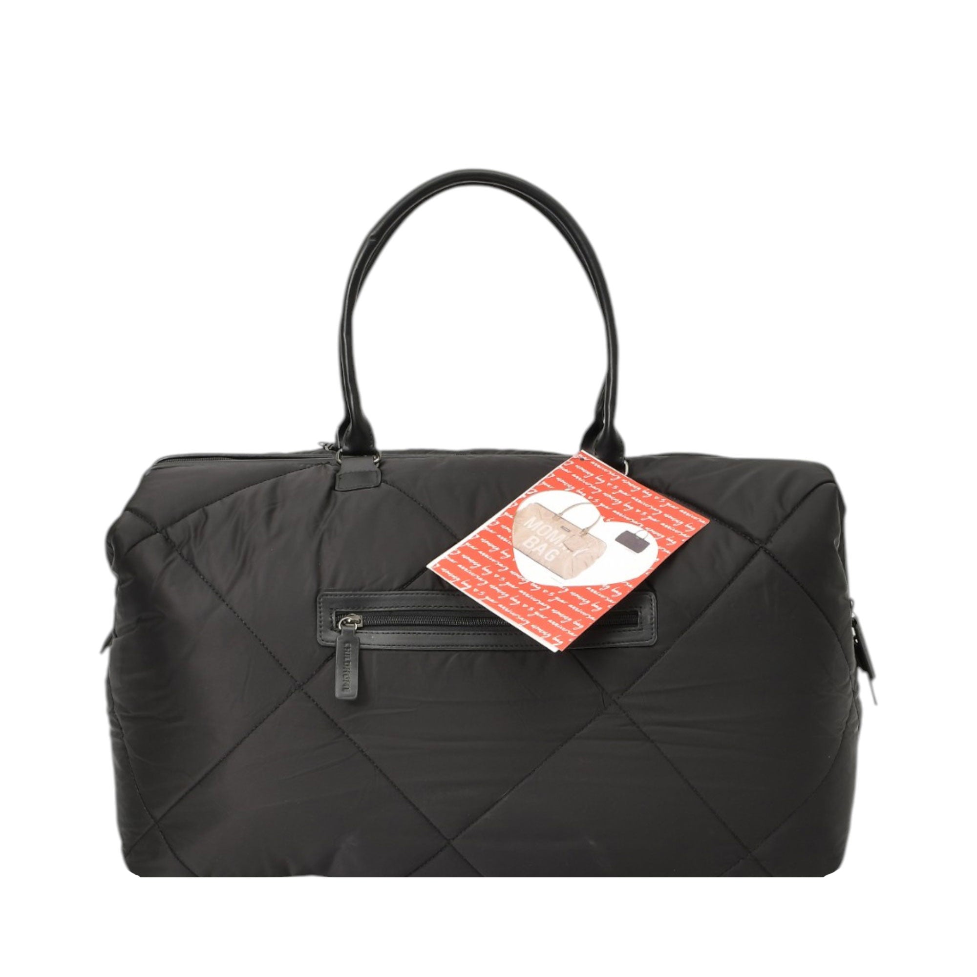 Black quilted puffy duffel bag with two smooth black handles, a front zip pocket with a silver-toned pull, and a red heart-sh