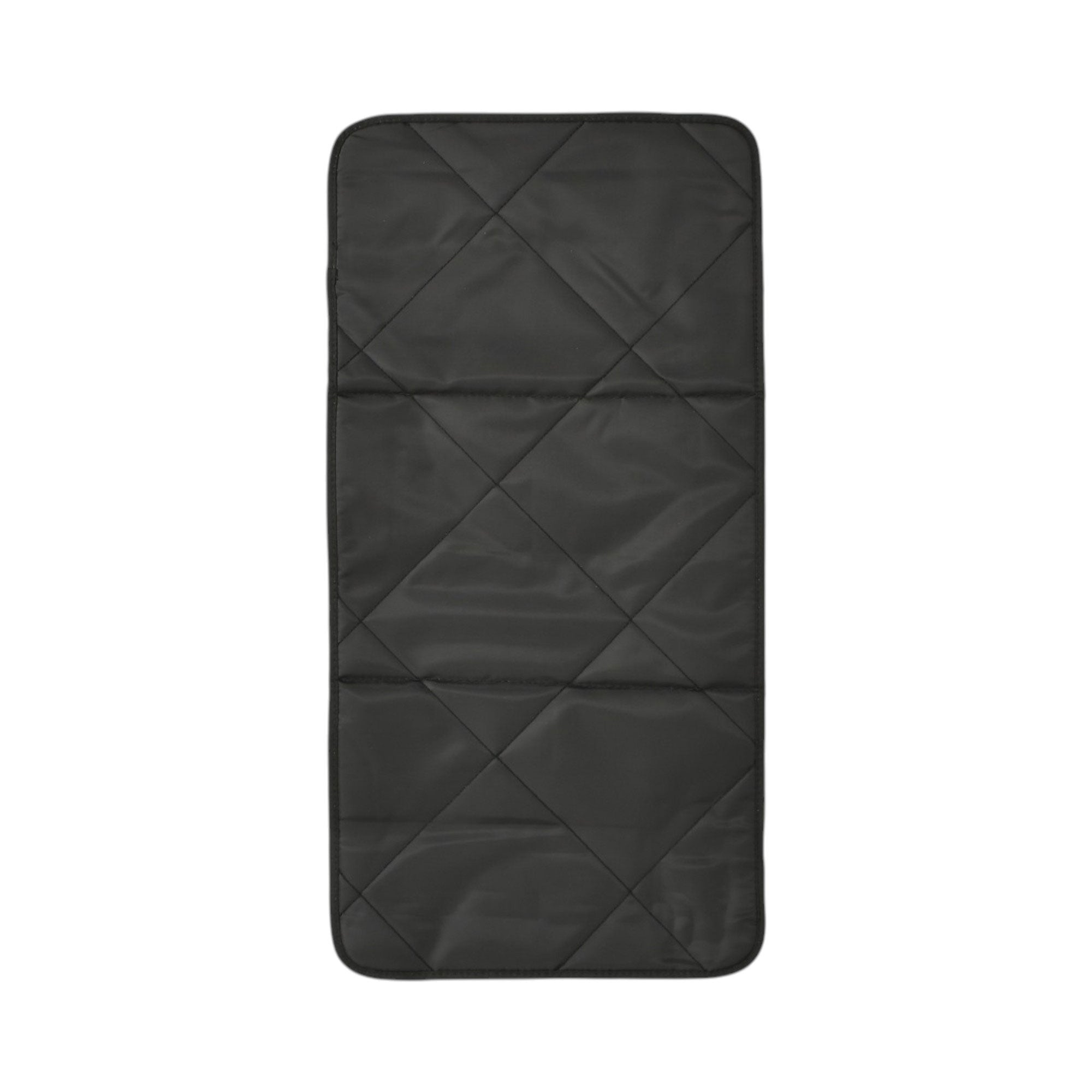 Rectangular black padded changing mat with diamond quilting and bound edges.