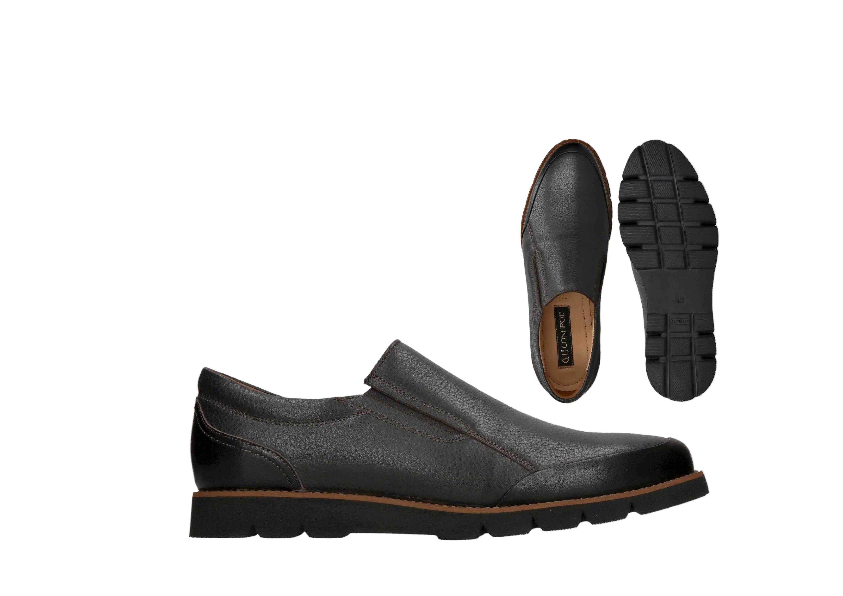 Brown textured leather slip-on shoes with brown stitching, a thick black lug sole, and a brown trim. One shoe is shown from t