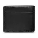 Black genuine leather wallet with light gray stitching along the edges and a top flap.