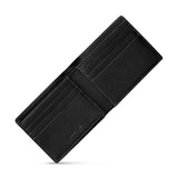 Black leather bifold wallet, open. Interior has card slots, a bill compartment, light gray stitching, and 'CERRUTI 1881' embo