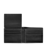 Open black genuine leather bifold wallet with light grey stitching. Features a left flap with 3 card slots, 3 more slots belo