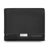 Black bi-fold wallet made from pebbled full grain leather, featuring a smooth trim and a silver-toned "CERRUTI 1881" plaque.