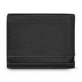 Black genuine full-grain leather bifold wallet with pebbled texture. Edges and a smooth horizontal strip are stitched with li