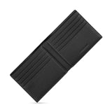 Black full-grain leather bifold wallet, open, showing pebbled texture, grey stitching, multiple card slots, and 'CERRUTI 1881