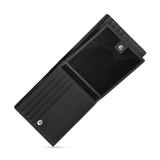 Open black full-grain leather wallet with light grey stitching, multiple card slots, and a flap with a silver-toned snap clos