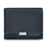 Dark blue pebbled full-grain leather bifold wallet with light contrast stitching and a silver-toned Cerruti 1881 logo plaque.