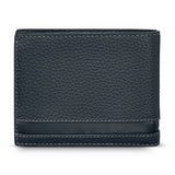 Dark blue genuine full-grain leather bifold wallet with pebbled texture, white contrast stitching, and a smooth leather band.