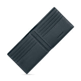 Dark blue pebbled full-grain leather bifold wallet, open, with multiple card slots, white stitching, and 'CERRUTI 1881' brand