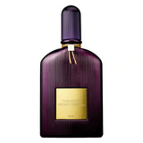Deep purple ribbed perfume bottle with a gold-toned label and cap, featuring a gold cord detail around the neck.