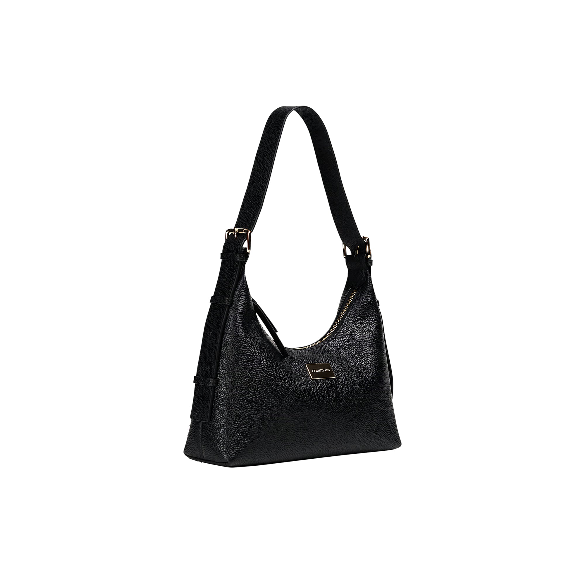 Burgundy pebbled leather crescent shoulder bag with an adjustable strap, gold-toned hardware, and a front logo plaque.