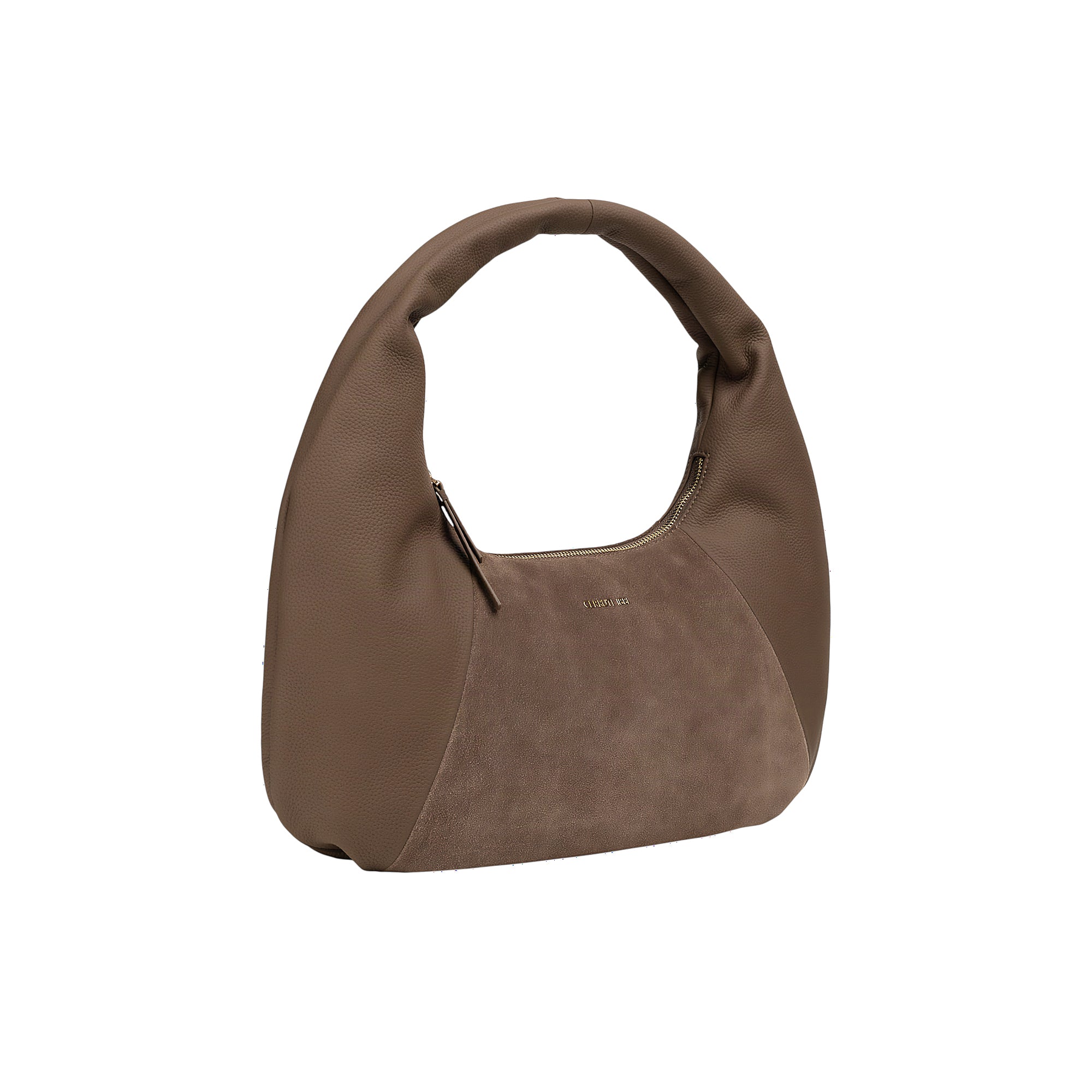 Taupe pebbled leather and suede crescent shoulder bag with a padded handle and silver-toned top zip closure.