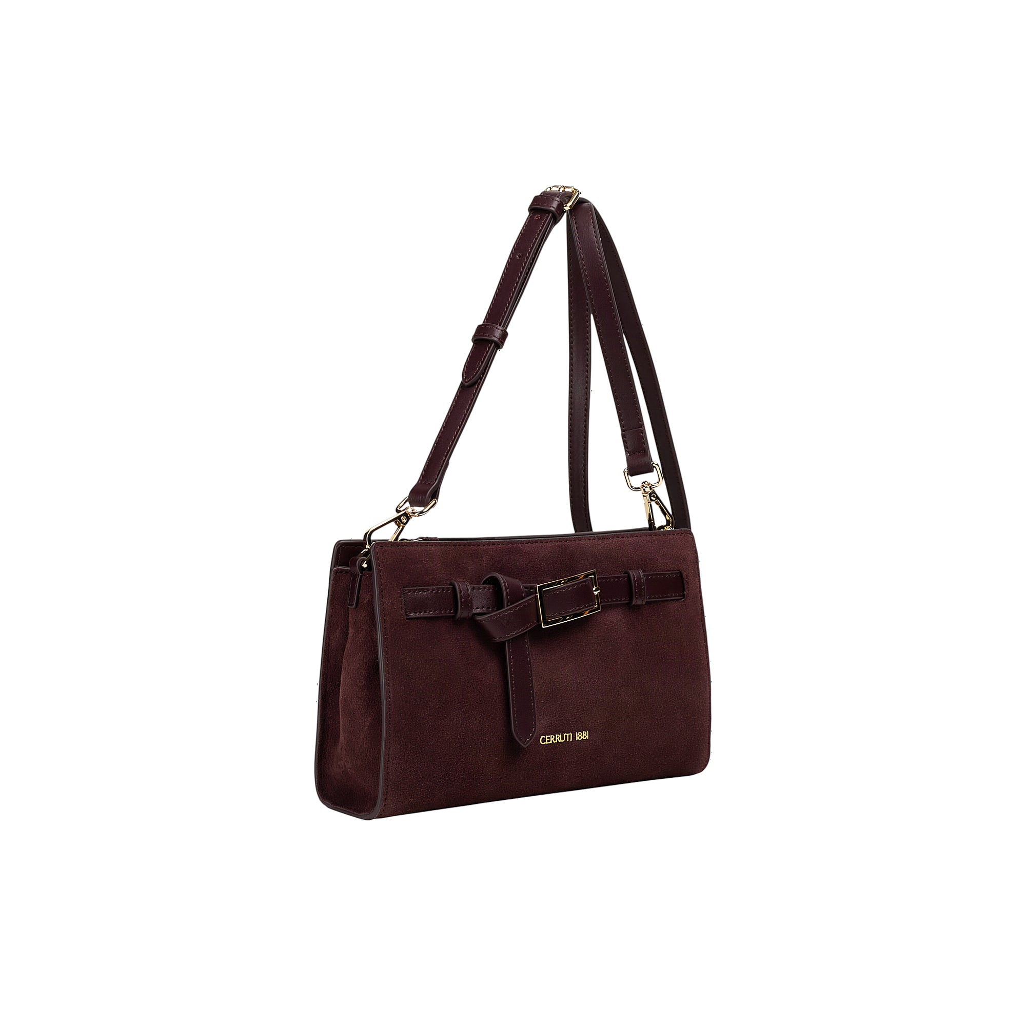 Burgundy suede shoulder bag with a smooth strap, front buckle, and gold-toned hardware.