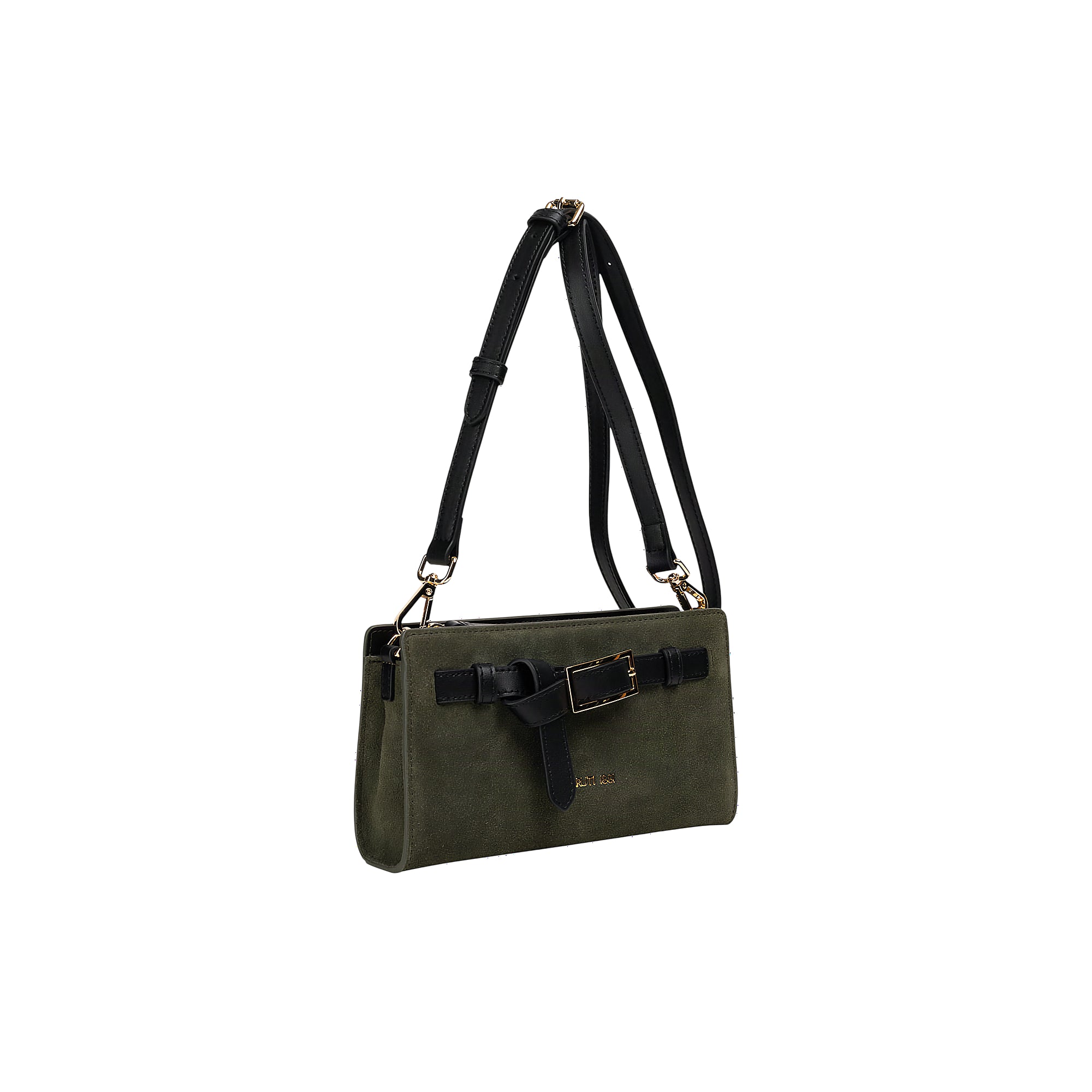 Lily green rectangular shoulder bag with a black adjustable strap and a black decorative buckle with gold-toned hardware.