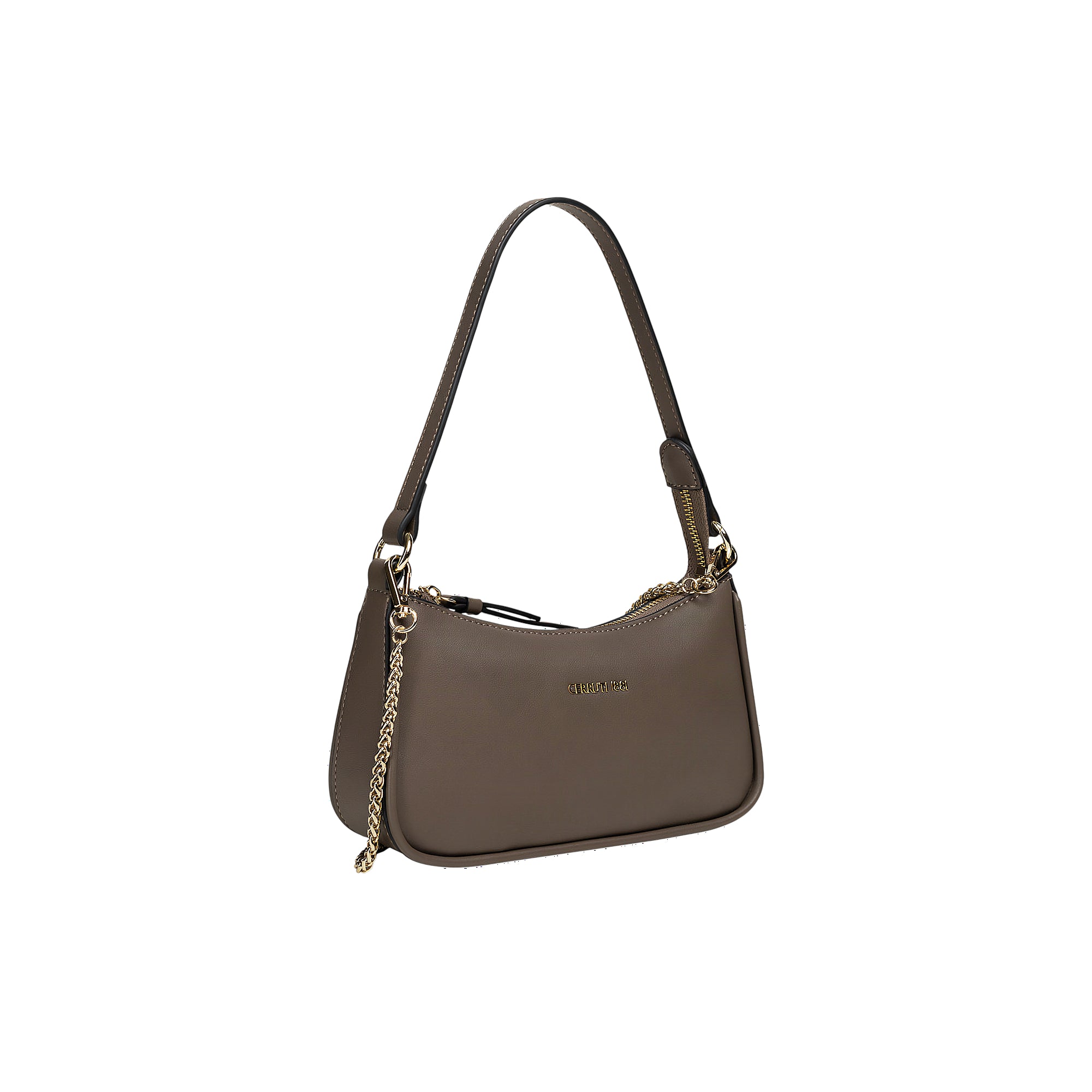 Taupe compact shoulder bag with a single strap, gold-toned top zip, and decorative gold-toned chain detail.