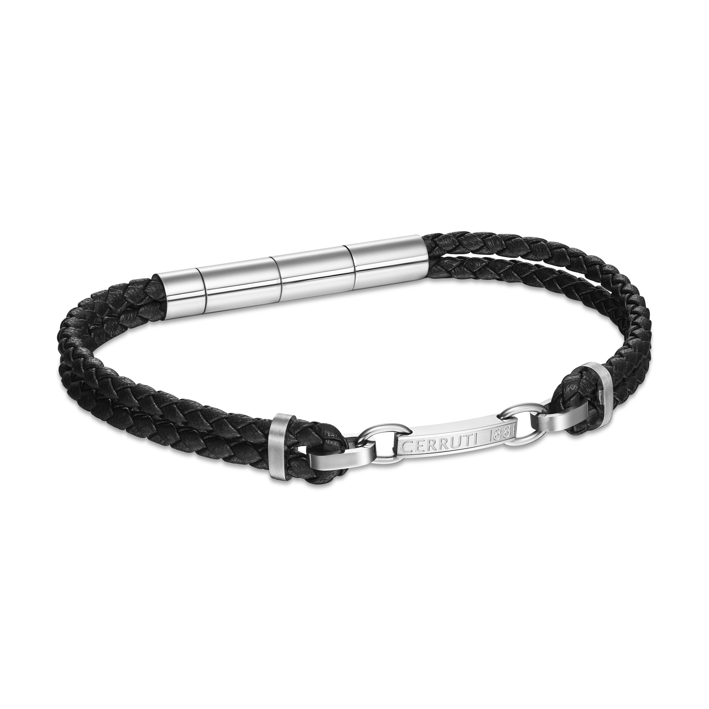 Black braided leather bracelet with a silver-toned cylindrical clasp and a silver-toned bar engraved "CERRUTI 1881" connected