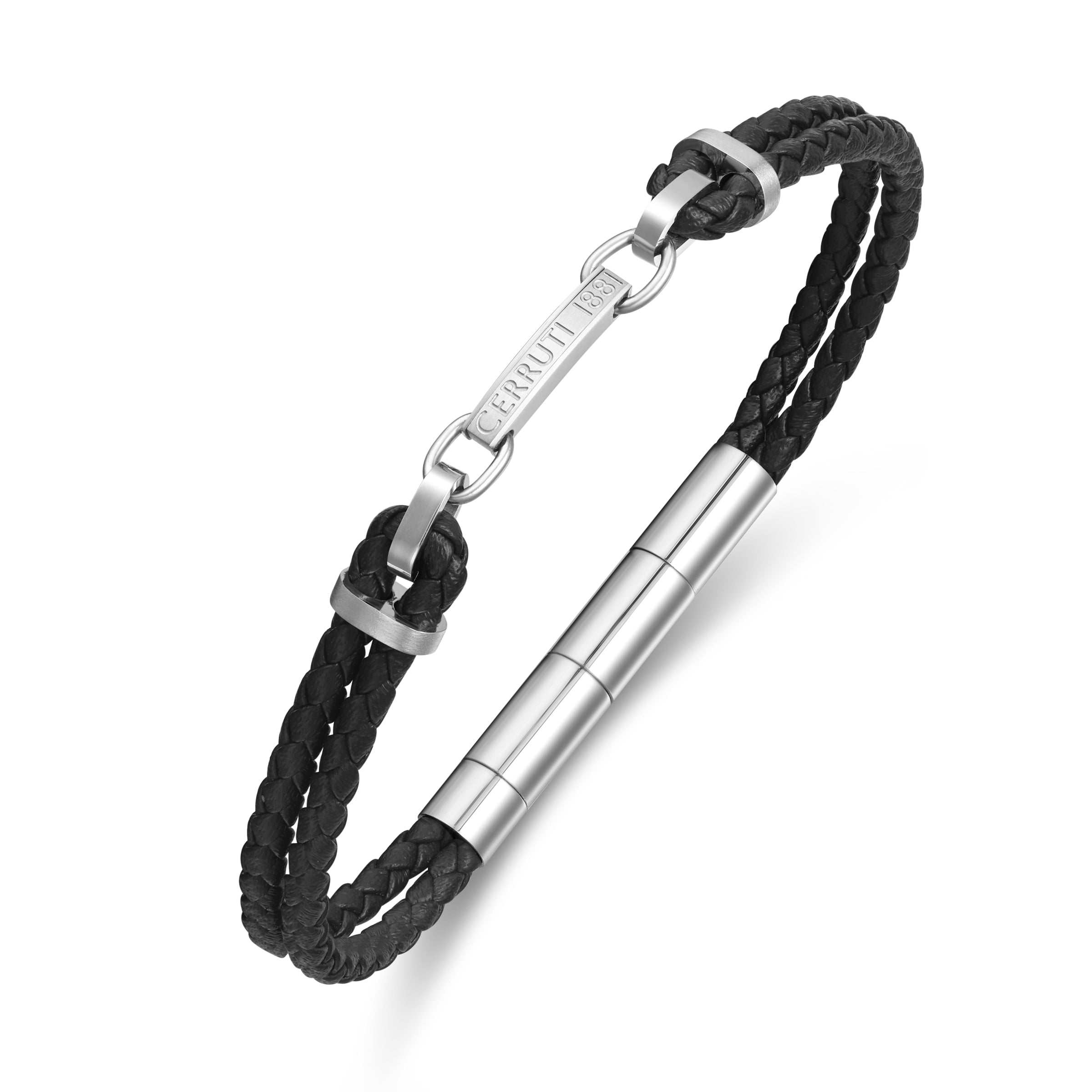 Black double-strand braided leather bracelet with silver-toned stainless steel cylindrical accent and engraved bar clasp.
