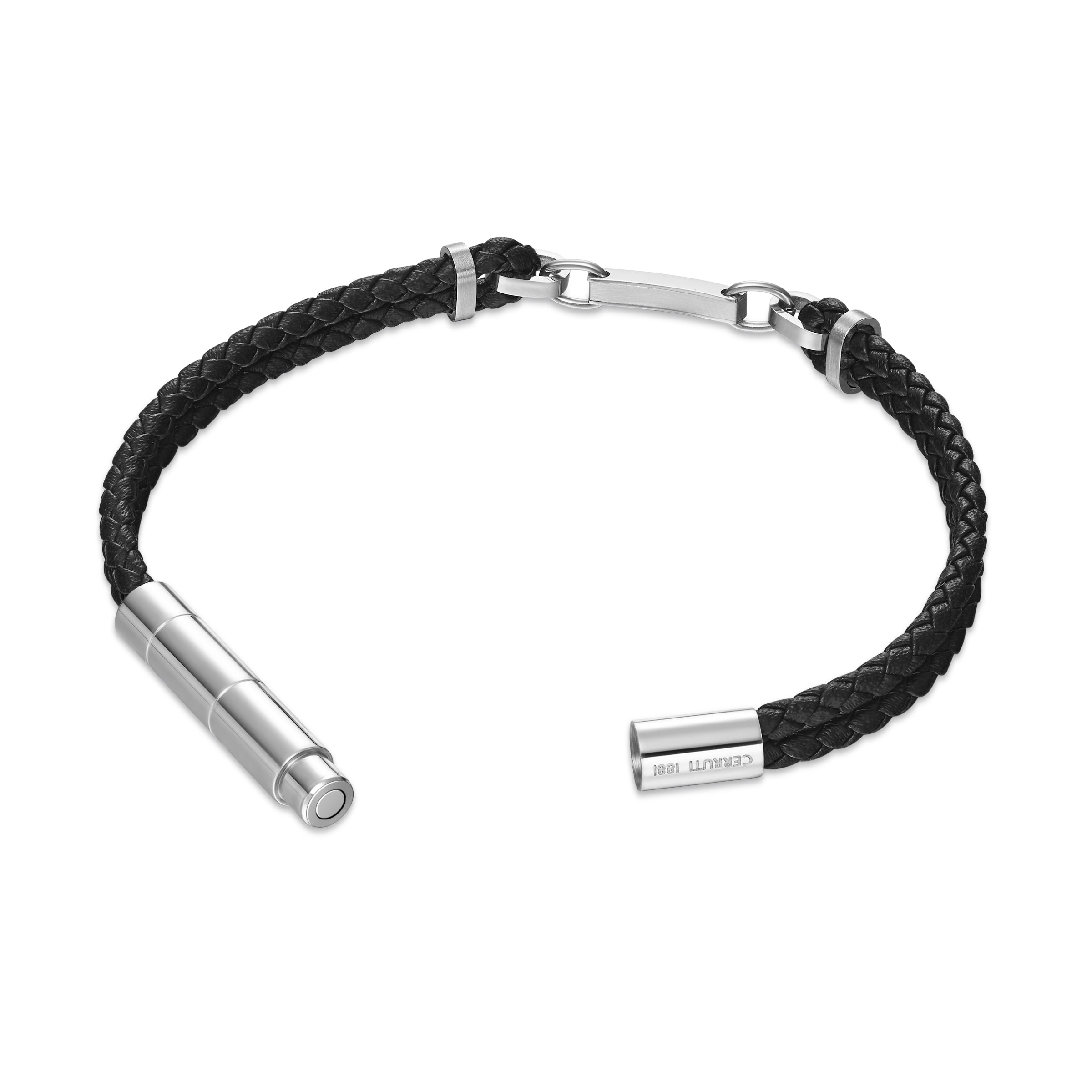 Black braided leather bracelet with a silver-toned link motif. Silver-toned cylindrical magnetic clasp, one end engraved 'CER