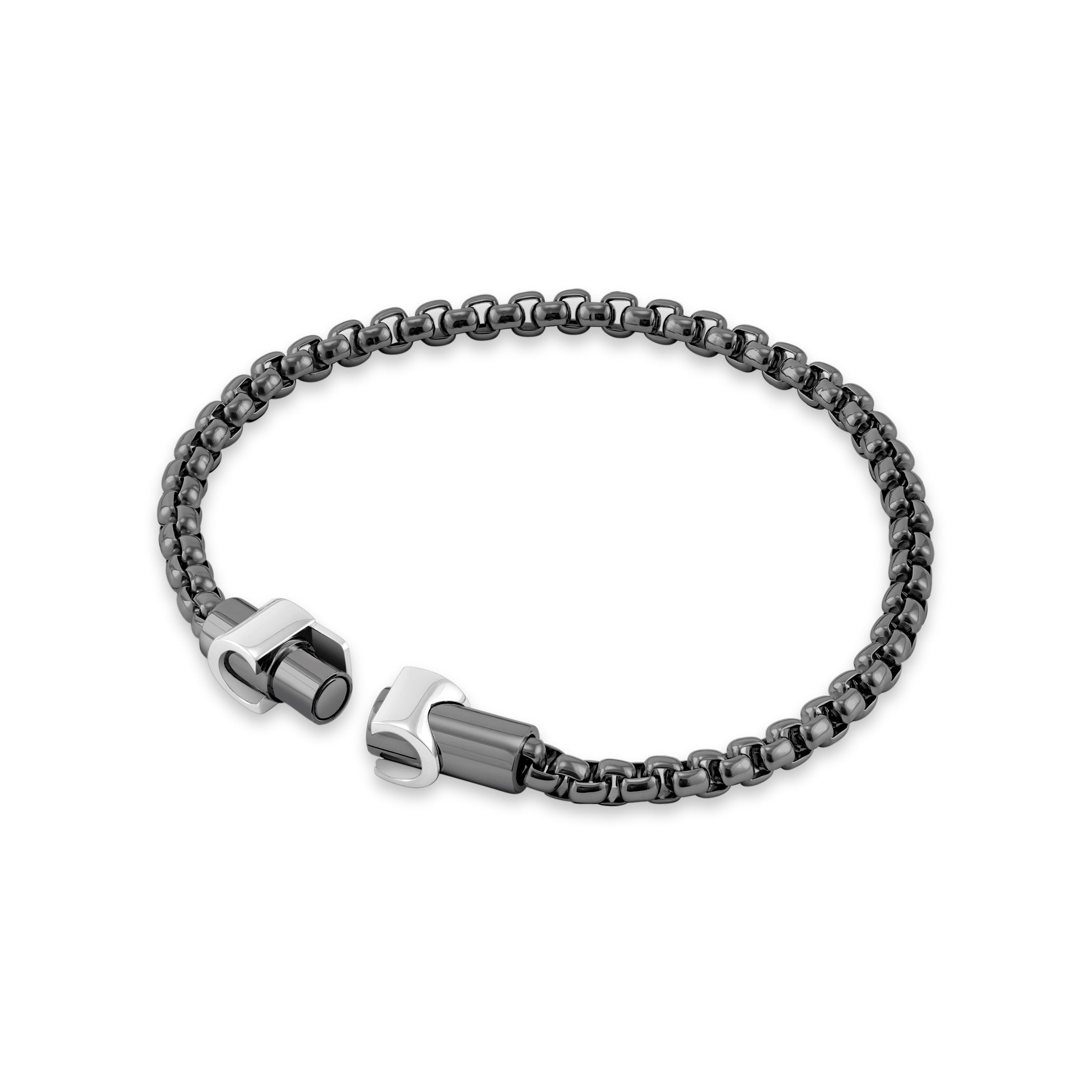 Thick gunmetal-toned box chain bracelet with a silver-toned and gunmetal barrel clasp.