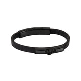 Black leather bracelet with a black-finished metal double C logo and rectangular accents on the strap, secured by a magnetic