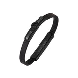 Black leather bracelet with a black polished double C logo and a segmented black clasp.