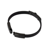 Black leather bracelet with a black-finished open clasp and a black double C logo detail attached by two studs.
