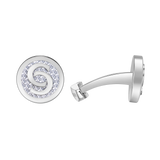 Pair of silver-toned Cerruti cufflinks with a circular face, white 'C' logo over a light grey woven texture, and T-bar closur