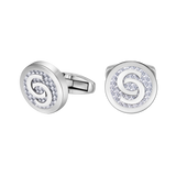 Pair of silver-toned round cufflinks with a white carbon fiber-like weave pattern and a raised silver-toned 'C' logo.