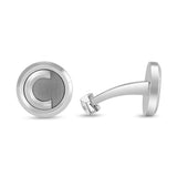 Pair of silver-toned circular cufflinks with a polished outer ring and a brushed inner 'C' emblem on a brushed background.