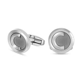Two silver-toned cufflinks. Each has a polished 'C' logo on a brushed center. One shows a polished toggle back.