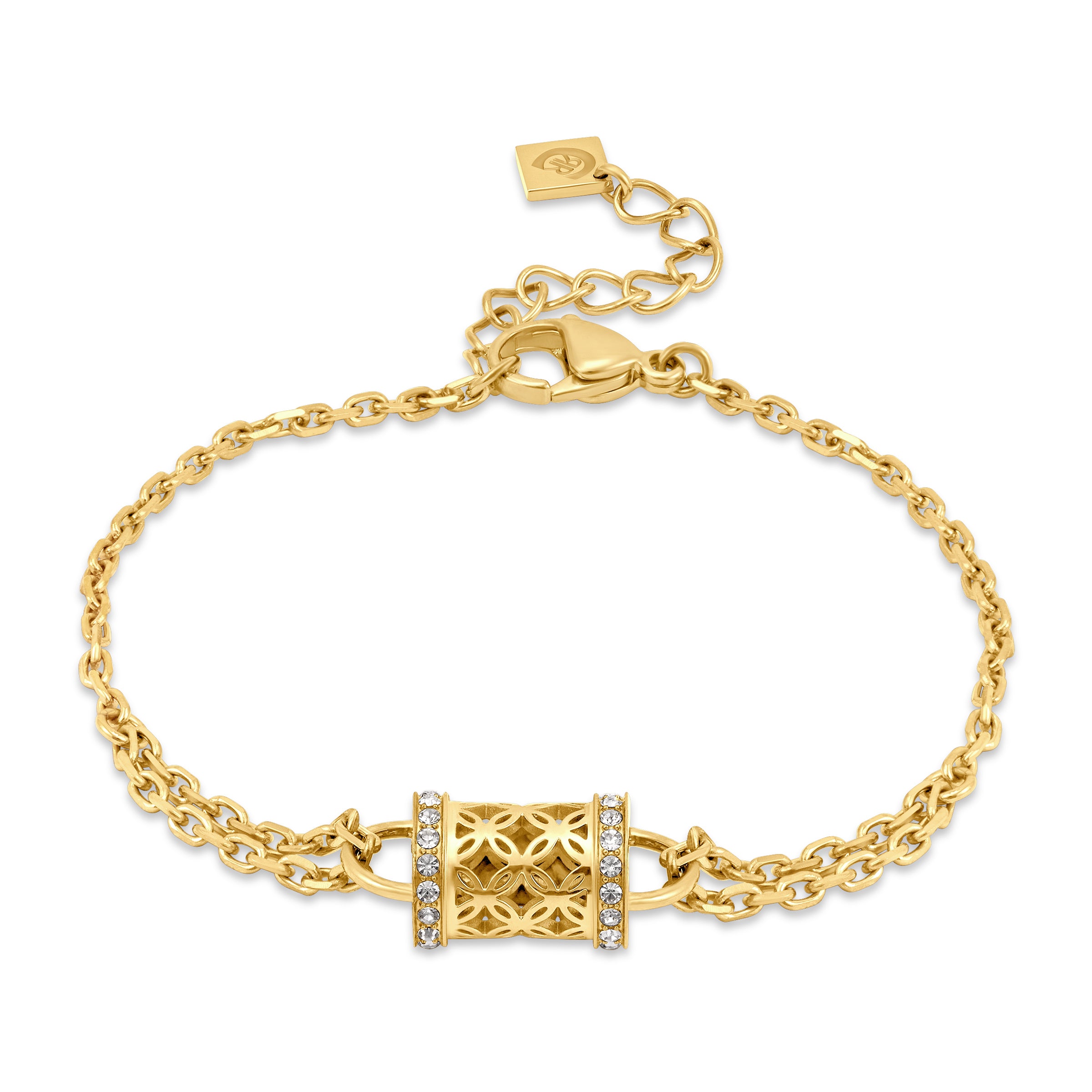 Gold-toned chain bracelet with a central cylindrical motif featuring a cut-out pattern and clear stones.