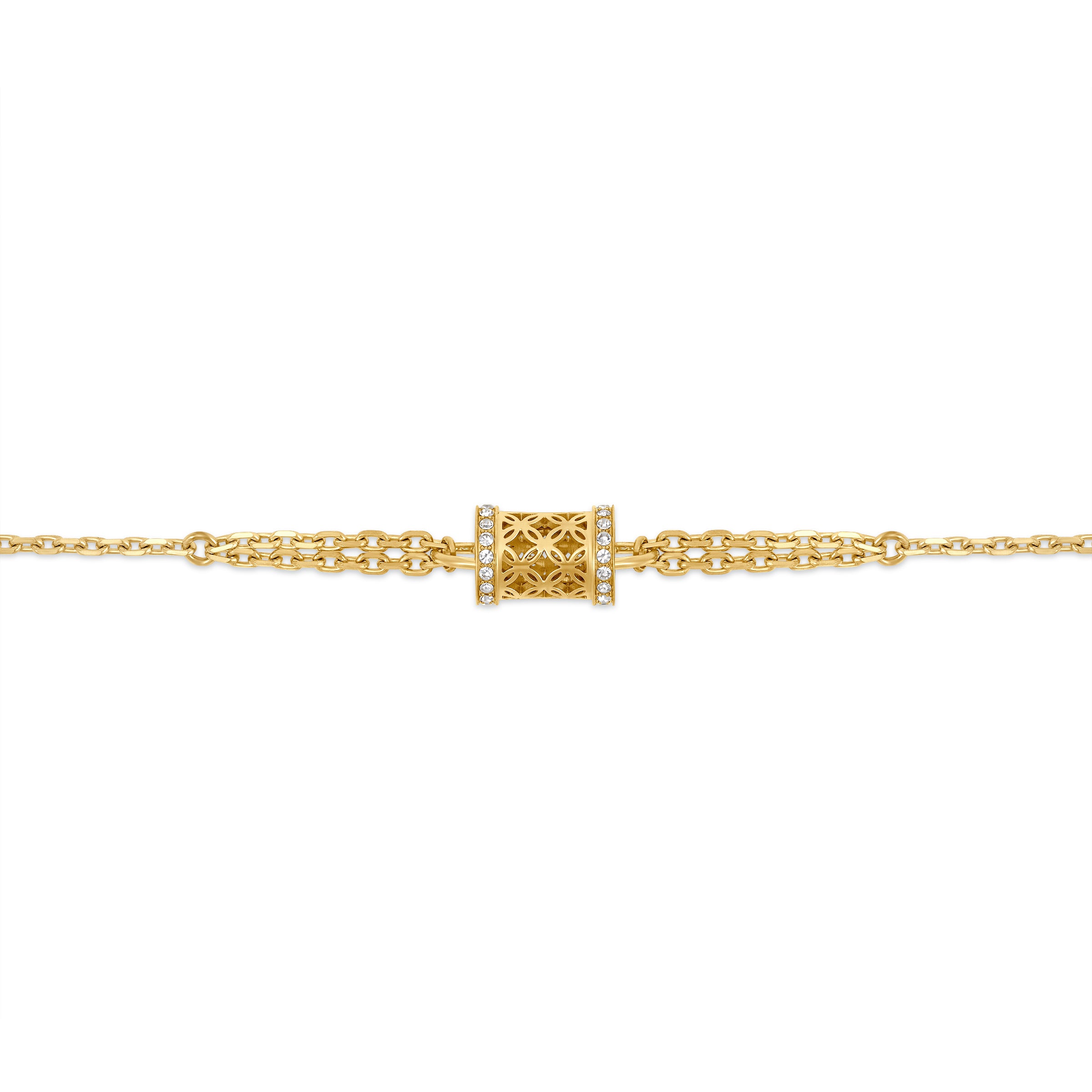 Gold-toned bracelet with a central cylindrical charm featuring a cutout geometric motif and vertical rows of clear stones. Li