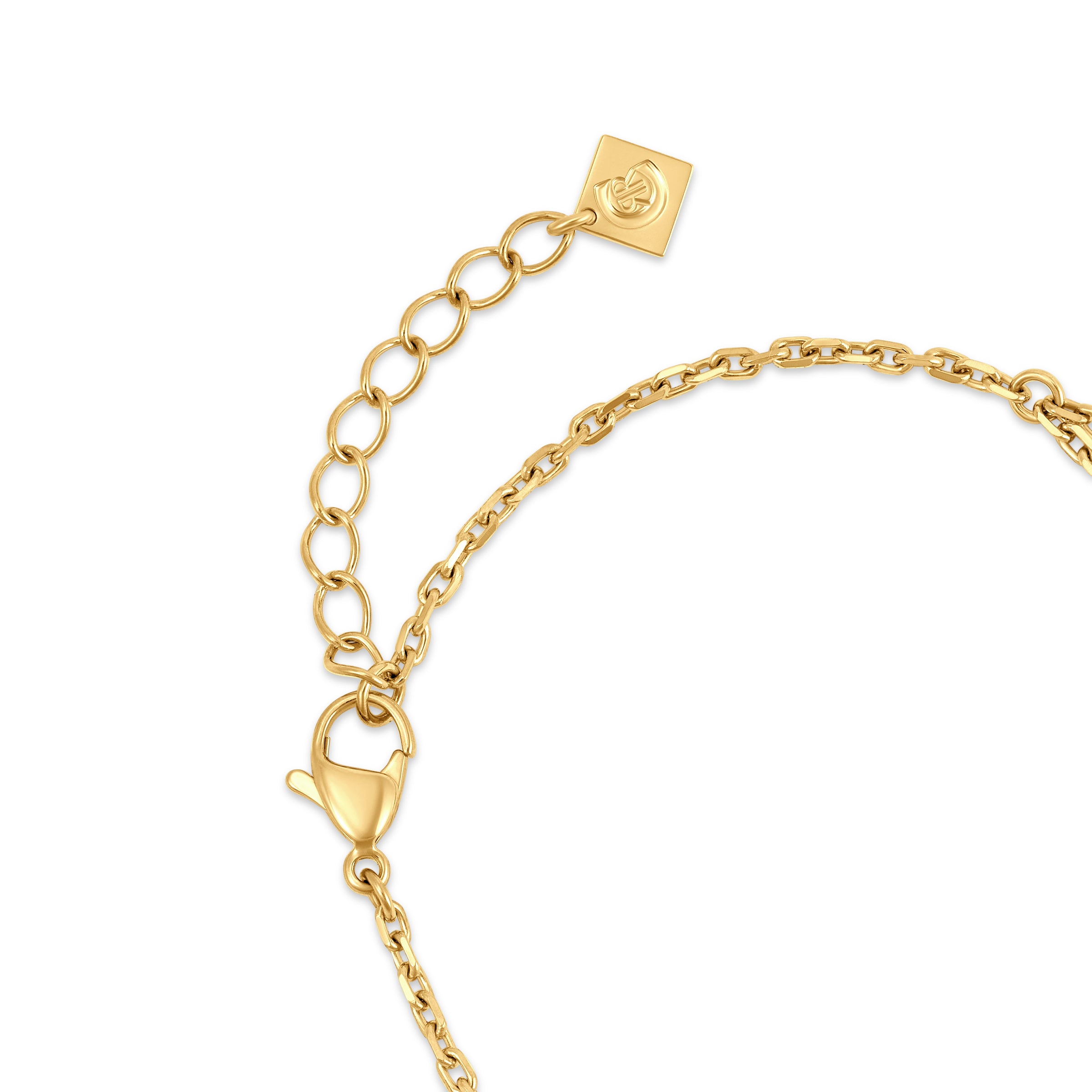 Gold-toned bracelet with a flat link chain, lobster clasp, and an extender chain ending in a square logo charm.