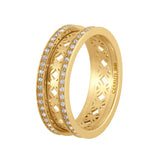 Gold-toned multi-band ring with two outer bands encrusted with clear stones and an inner band featuring a cutout pattern.