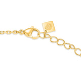 Gold-toned necklace with a lobster claw clasp, a square logo tag, and an extender chain with irregular oval links.