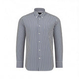 Dark blue and white striped long-sleeve button-down shirt with a chest pocket.