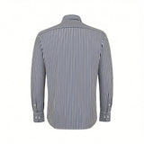 Back view of a dark blue and white vertically striped long-sleeved shirt with a collar and buttoned cuffs.
