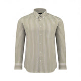 Long-sleeved shirt with vertical olive green and white stripes, button-down collar, full button-front, and a left chest patch
