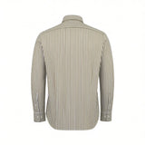 Back view of a long-sleeved shirt with thin vertical olive green and white stripes, a standard collar, and two-button cuffs.