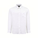 White men's long-sleeved button-down shirt with a classic collar, chest pocket, and buttoned cuffs.