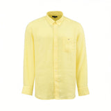 Light yellow linen long-sleeve button-down shirt with a button-down collar, chest pocket, and white buttons.