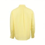 Yellow long-sleeved shirt in textured fabric with a button-down collar, buttoned cuffs, central back pleat, and curved hem.