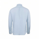 Light blue long-sleeved shirt, back view. Features a collar, a back yoke, a center pleat, and buttoned cuffs.