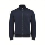 Dark blue full-zip high-neck sweater with ribbed cuffs and hem, and a small white embroidered logo on the chest.