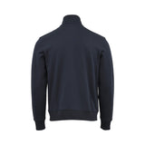 Dark blue sweater with a high collar, long sleeves with ribbed cuffs, and a ribbed hem, shown from the back.