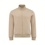 Beige full-zip sweatshirt with a stand-up collar, ribbed cuffs and hem, and two front pockets. A small dark logo is on the le