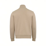 Back view of a plain beige long-sleeved sweater with a stand-up collar, ribbed cuffs, and a ribbed hem.