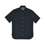 Dark blue short-sleeved button-down shirt with a button-down collar, chest pocket, and curved hem.