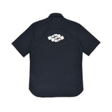 Dark blue short-sleeve shirt with a collar and rounded hem. Back features an oval logo with "Eden Park" and white, light blue